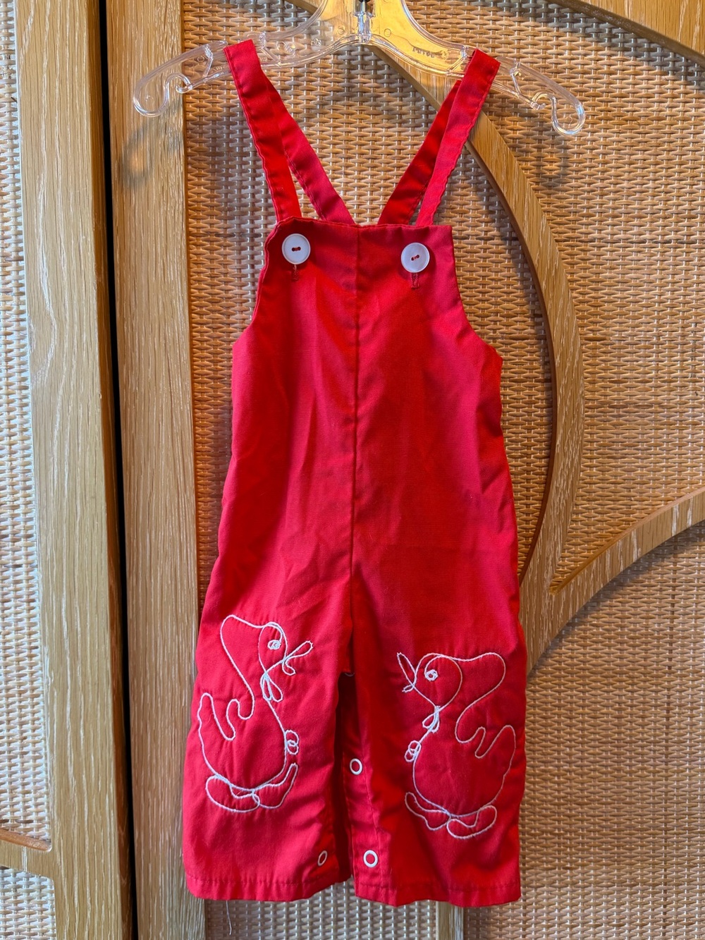 Vintage Red Toddler Overalls with Duck Embroidery